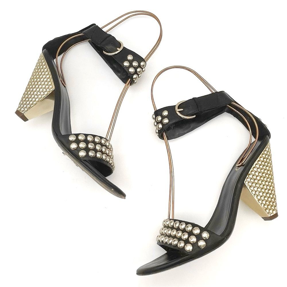 ASH Gold Studded Black Leather Ankle Cuff Heeled Strappy Sandals Size 38 | US 7 - Picture 2 of 16